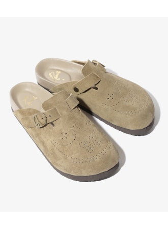 Needles Clog Sandal in Suede Taupe with metal Peace Buckle